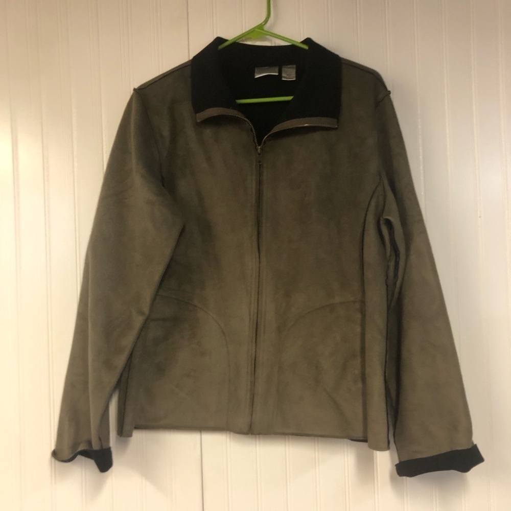 Chico’s Brown Suede Jacket Full Zip Black Lining and Collar Size 1 Medium